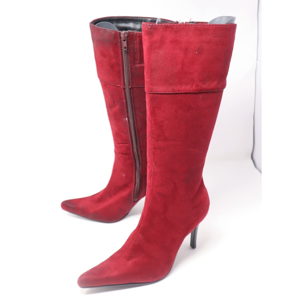 *VERY FLAWED* Red Knee High Boots Size 8 Women Pointed Toe Stiletto Cosplay DIY